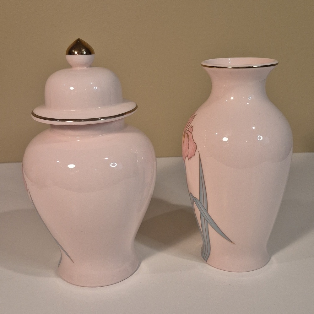 YAMA JI Vintage 80s Pink Floral Vase And Matching Lidded Ginger Jar Set - Picture 5 of 16